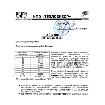 Прайс-лист на программное обеспечение ТЕПЛОВИЗОР